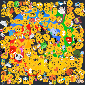 Screenshot showing a 'blob emoji bomb' effect applied to an image.