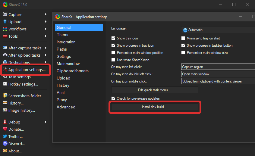 ShareX screenshot dev builds
